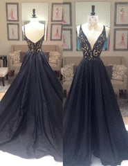 Prom Dress Elegent, 2024 Junoesque Black Beading V-Neck Zipper Prom Dresses