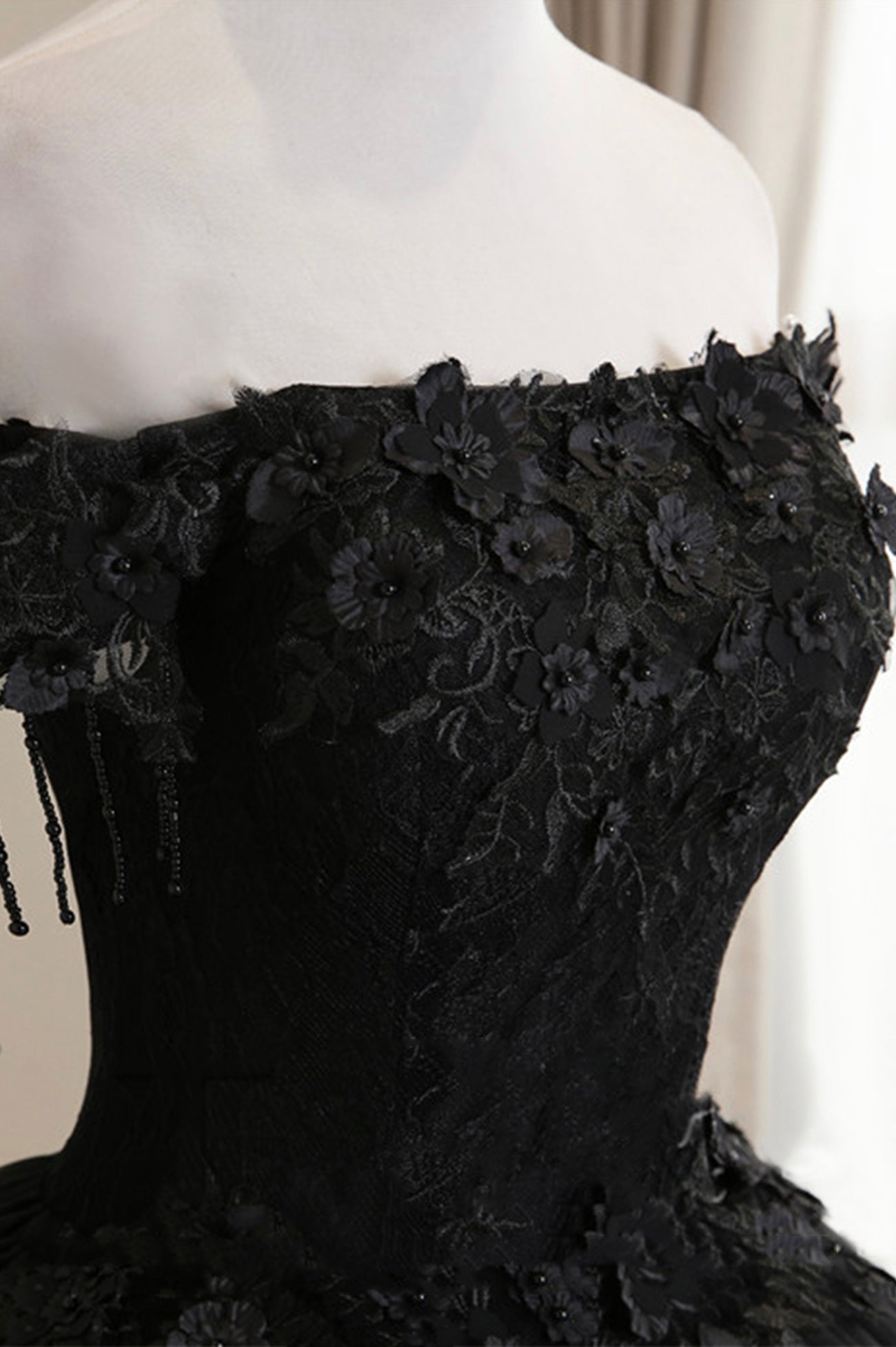 Prom Dresses 2032, Black Tulle Lace Off the Shoulder Prom Dress, Black A-Line Evening Dress