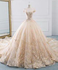 Wedding Dress With Lace, Unique Champagne Tulle Lace Long Wedding Dress, Bridal Gown