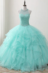 Mini Dress, Mint Ball Gown Floor Length Halter Keyhole Back Beading Ruffles Prom Dresses