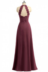 Prom Dresses Lace, Burgundy Chiffon Halter Long Bridesmaid Dress with Lace Strap