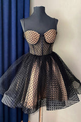 Prom Dresses Open Backs, Black Dots Lace-Up Straps Homecoming Dress