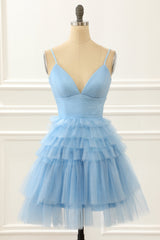 Bridesmaids Dress Style, Light Blue A-line Cute Homecoming Dress with Ruffles
