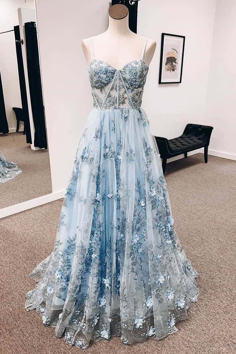 Prom Dresses 2037 Cheap, Blue 3D Floral Lace Sweetheart A-Line Long Prom Dress