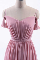 Evening Dresses 2039, Dusty Pink Chiffon Cold-Shoulder A-Line Long Bridesmaid Dress