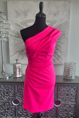 Formal Dress Online, Fuchsia One Shoulder Sheath Satin Homecoming Dress