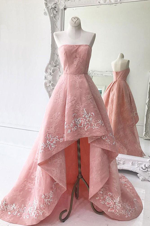 Bridesmaid Dresses Inspiration, Charming Modest Pink A Line High Low Strapless Zipper Back Prom Dresses
