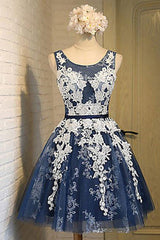 Bridesmaid Dresses Cheap, Light Blue Tulle Lace Applique Short Homecoming Dresses with Straps