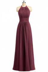 Prom Dresses With Sleeves, Burgundy Chiffon Halter Long Bridesmaid Dress with Lace Strap