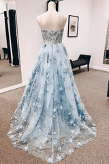 Prom Dress Size 31, Blue 3D Floral Lace Sweetheart A-Line Long Prom Dress