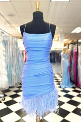 Gala Dress, Light Blue Lace-Up Sheath Homecoming Dress with Feathers