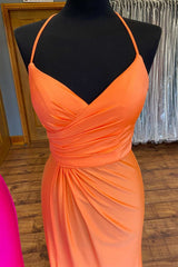 Prom Dresses Black Girls, Orange Surplice Neck Backless Long Formal Dress