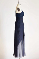 Purple Prom Dress, One-Shoulder Navy Blue Lace Long Bridesmaid Dress