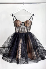 Prom Dresses Curvy, Black Dots Lace-Up Straps Homecoming Dress
