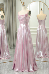 Prom Dresses Emerald Green, Sparkly Pink A-Line Spaghetti Straps Long Prom Dress With Slit