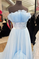Gown Dress Elegant, Sky Blue Strapless Ruffled Empire Tulle Long Prom Dress