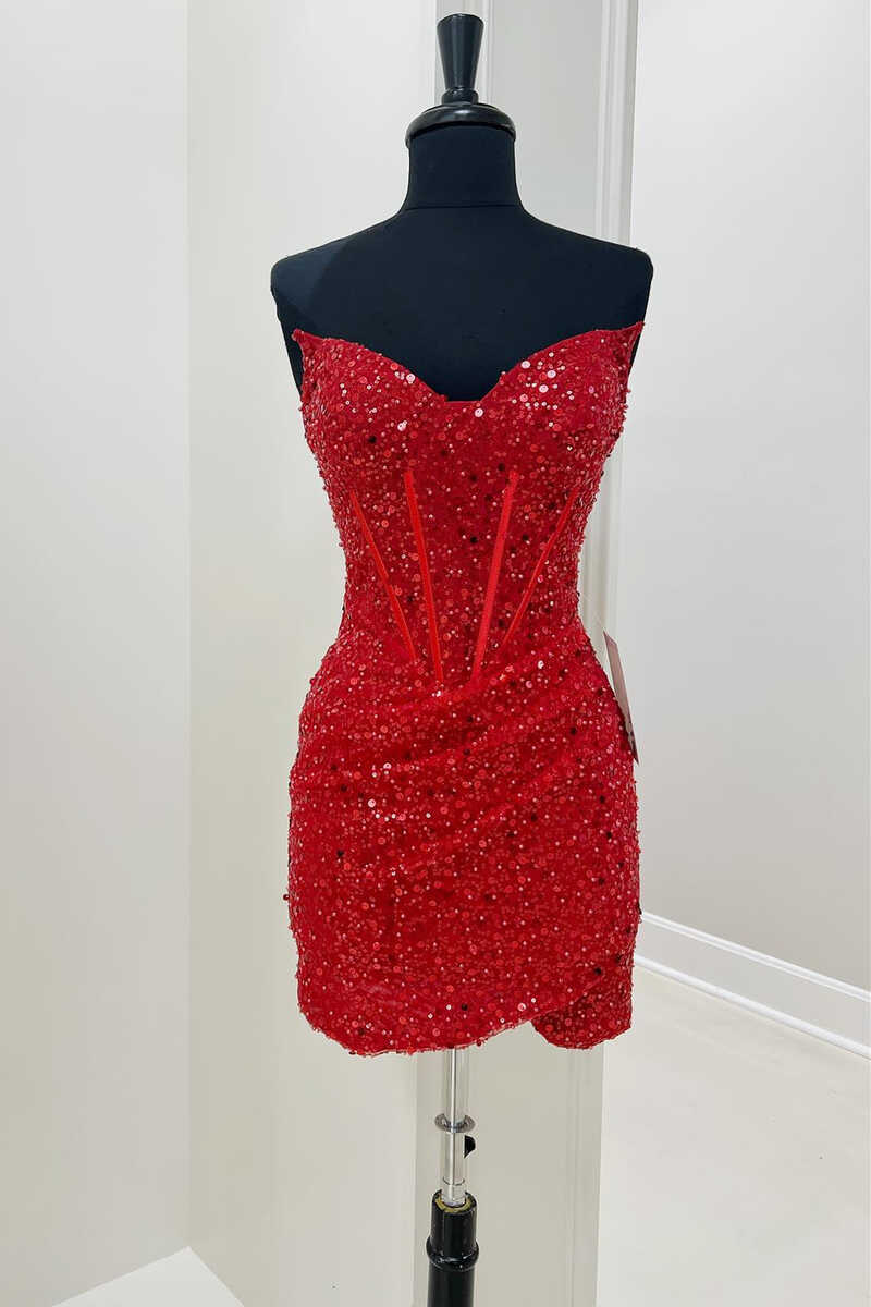 Evening Dresses For Ladies Over 65, Red Sequin Strapless Mini Homecoming Dress