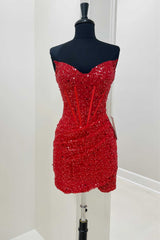 Formal Dress Winter, Red Sequined Sheath Mini Homecoming Dress Club Dresses