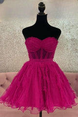On Shoulder Dress, Fuchsia Strapless Tulle Ruffles A-line Homecoming Dress