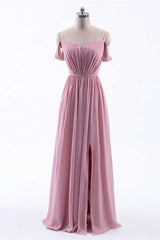 Evening Dress Italy, Dusty Pink Chiffon Cold-Shoulder A-Line Long Bridesmaid Dress