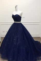 Prom Dress Ideas Black Girl, Navy Blue Ball Gown Court Train Sleeveless Mid Back Sparkle Prom Dresses