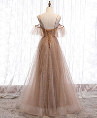 Cocktail Party Outfit, Champagne Tulle Sequin Long Prom Dress, Champagne Evening Dress