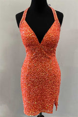 Prom Dress Gold, Orange Sequin Halter Fringe Short Homecoming Dress