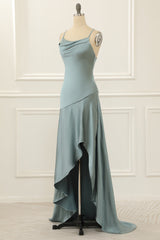 Party Dresses For Christmas Party, Spaghetti Straps Satin High-Low Prom Dress
