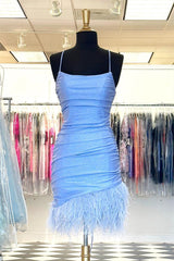 Bride Dress, Light Blue Lace-Up Sheath Homecoming Dress with Feathers
