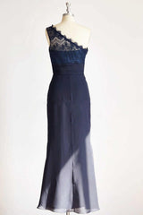 Black Bridesmaid Dress, One-Shoulder Navy Blue Lace Long Bridesmaid Dress