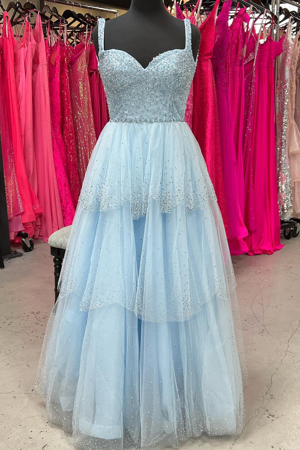 Bridesmaids Dresses Floral, Light Blue Sweetheart Beaded Straps Multi-Layers Long Prom Dress