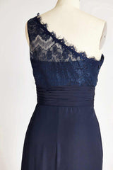 Homecoming Dress, One-Shoulder Navy Blue Lace Long Bridesmaid Dress