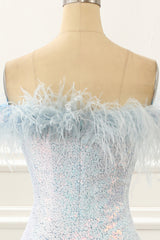 Bridesmaid Dress Spring, Sequin Blue Mermaid Prom Dress with Feathers