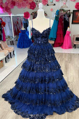 Bridesmaid Dress Gown, Navy Blue Floral Multi-Layers Sequined Straps Long Prom Dress