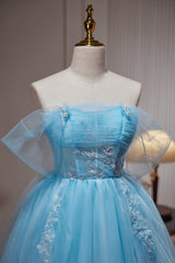 Bridesmaids Dresses On Sale, Blue Off The Shoulder Beading Appliques Tulle Short Homecoming Dresses
