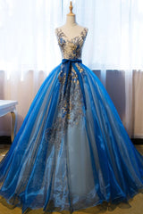 Dream Dress, Uniquedresss Puffy V Neck Organza Applique Modest Prom Dress Evening Dress