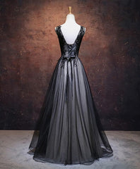 Bridesmaid Dress Red, Black V Neck Tulle Lace Applique Long Prom Dress, Black Evening Dress, 1