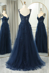 Bridesmaid Dresses For Girls, Navy A-Line Spaghetti Straps Zipper Back Long Prom Dress With Appliques