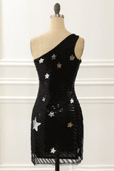 Bridesmaid Dresses In Store, One Shoulder Sequin Cocktail Dress with Stars