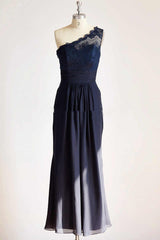 Evening Gown, One-Shoulder Navy Blue Lace Long Bridesmaid Dress