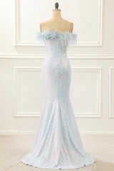 Bridesmaid Dresses On Sale, Sequin Blue Mermaid Prom Dress with Feathers