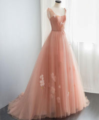 Wedding Pictures Ideas, Pink V Neck Tulle Long Prom Dress, Tulle Evening Dress