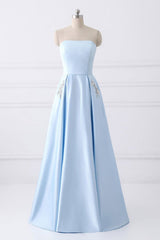 Bridesmaid Dress Inspiration, Light Blue A Line Floor Length Strapless Sleeveless Lace Up Prom Dresses