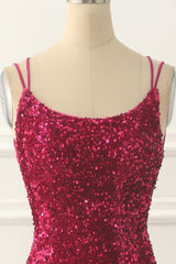 Party Dresses Maxi, Fuchsia Sequin Backless Long Prom Dress