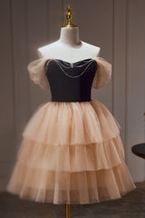 Floral Dress, Chic Champagne Off The Shoulder Beading Tulle Short Homecoming Dresses