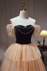 Bridesmaid Dresses Champagne, Champagne Off The Shoulder Evening Gown A Line Tulle Long Prom Dresses