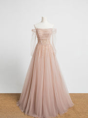 Aesthetic Dress, Champagne Pink Tulle Beads Long Prom Dress, Champagne Evening Dress