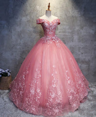 Party Dress Fashion, Pink Tulle Lace Off Shoulder Long Prom Dress, Pink Tulle Evening Dress, 1
