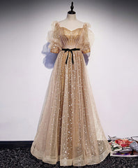 Formal Wedding Guest Dress, Champagne Sweetheart Tulle Long Prom Dress, Tulle Formal Dress