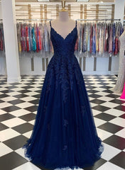 Blue Dress, Navy Blue A-Line V-neck Floor-Length Chiffon Prom Dresses With Lace Sequins